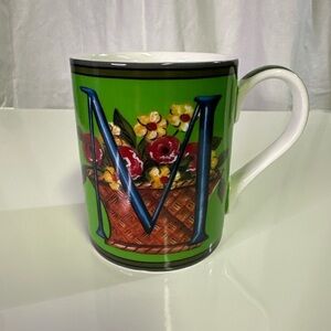 SPODE KIT KEMP Alphabet Letter M Coffee Mug Charming Tea Cup Green Floral Basket